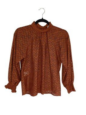 Rust Lace Long Sleeve Blouse With High Neckline By Clio Collection - M